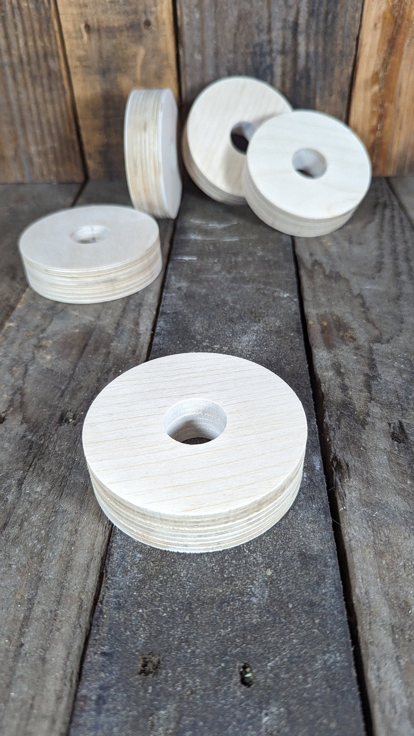 5 Pack - 3.5" Baltic Birch Wood Donut, 1" Center Hole