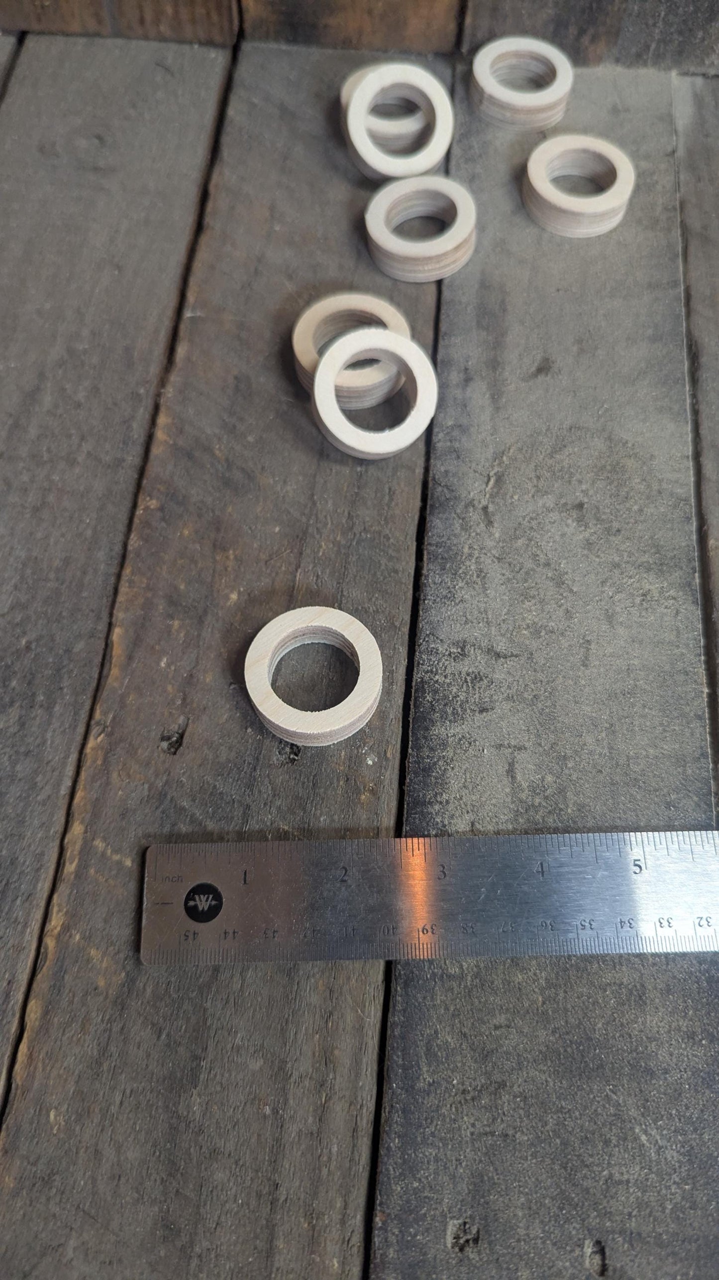 5 Pack - 1.5" Baltic Birch Wood Donut, 1" Center Hole, Unfinished Wooden Circle