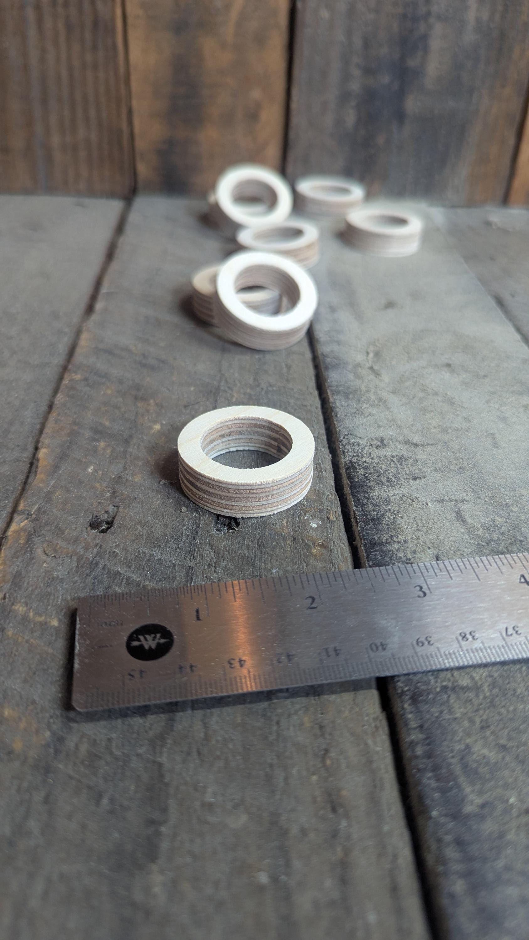 5 Pack - 1.5" Baltic Birch Wood Donut, 1" Center Hole, Unfinished Wooden Circle