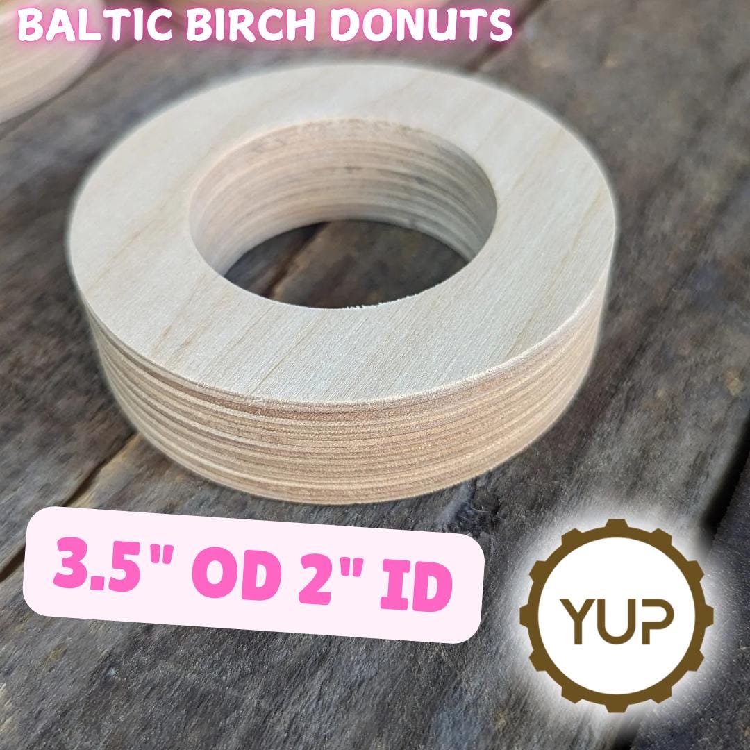 5 Pack - 3.5" Baltic Birch Wood Donut, 2" Center Hole