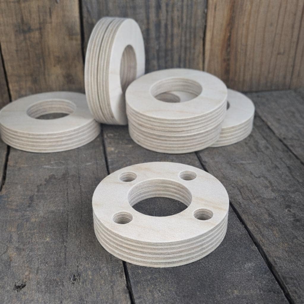 4" Baltic Birch Wood Circles, 2.25" Center Hole, 4 Holes, Craft Supplies