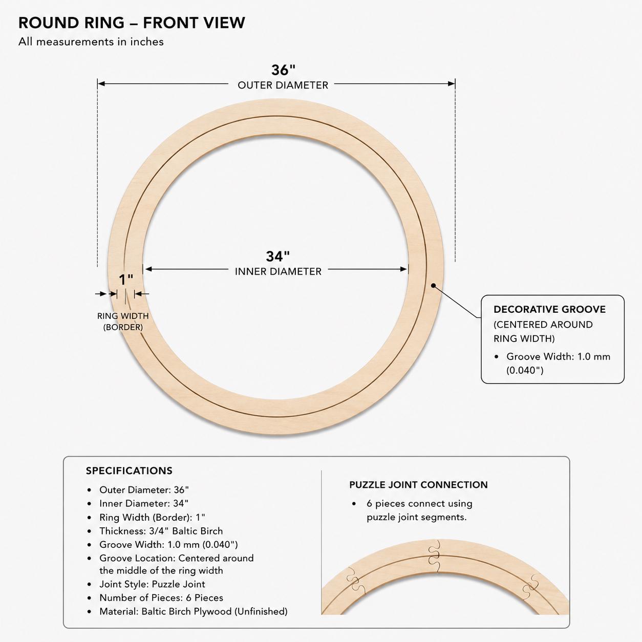 Custom 36" Wooden Ring with Center Groove | 34" Inner Diameter | Baltic Birch | Puzzle Piece Assembly